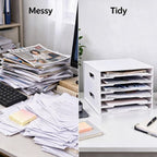 6 layers Paper Storage Rack, PVC Desktop File Organizer Shelf with Wooden Bookshelf Design, Durable Multi-Layer Document Holder for Office 1Pack