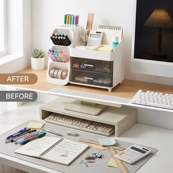 Desktop Organizer with Pen Holder, Multi-Grid Stationary Storage Caddy with 2 Clear Drawers for Office Supplies & Makeup