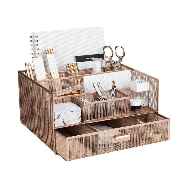 Blu Monaco Large Rose Gold Desk Organizer with 12 Compartments & Drawer - Office Supplies & File Holder, Desk Storage & Workspace Organizer