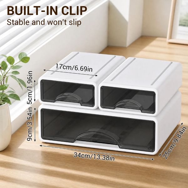 Stackable Storage Drawer with Dividers, Transparent PP Material Desktop Organizer, Includes 1 Large and 2 Small Pieces, White