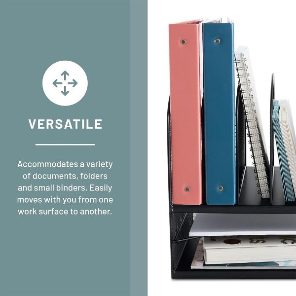 Safco Onyx Desk Organizer w/ 6 Vertical Compartments and 2 Storage Trays, Black