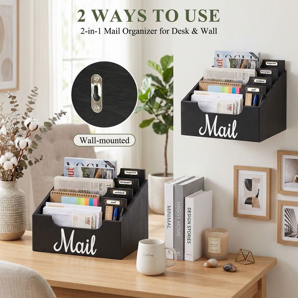 Wooden Mail Organizer Desktop Sorter, Multi-Compartment Countertop Mail Holder with Label Tags, Tabletop Letter Magazine Notebook Stationery Storage
