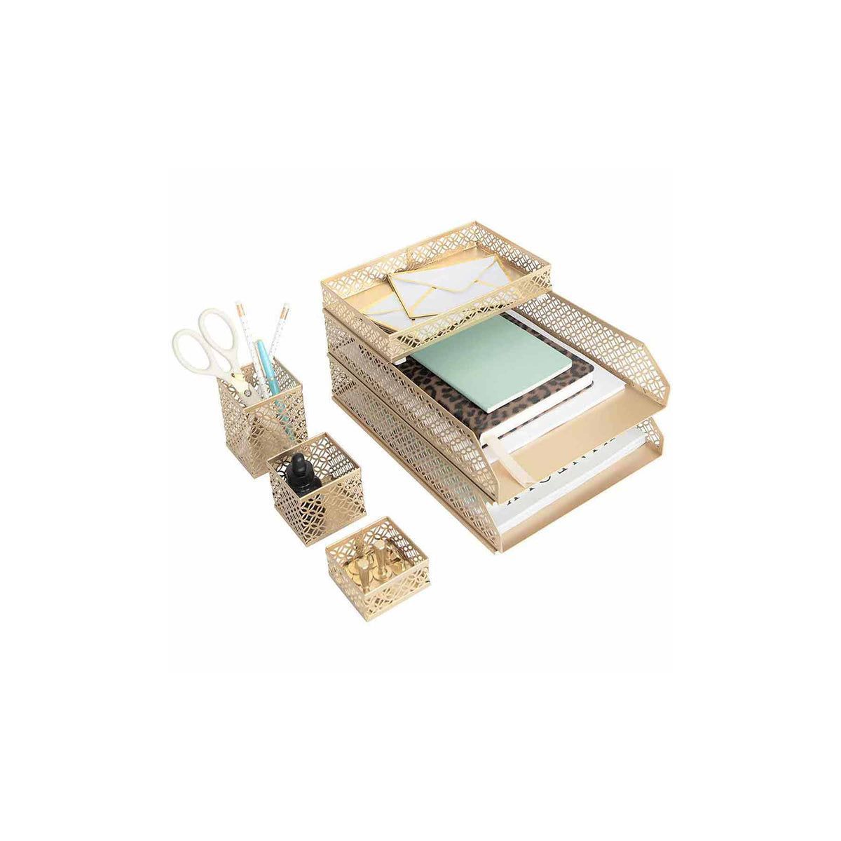Blu Monaco 6 Piece Interlocking Aqua Desk Organizer Set - Office Organizer - Pen Cup, 3 Accessory Trays, 2 Letter Trays