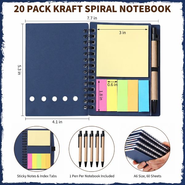 20 Pcs Spiral Notebooks with Sticky Notes & Pens, Kraft Cover Lined Journals with Colored Index Tabs for Office, School & Travel