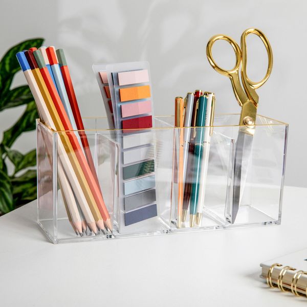 Martha Stewart Kerry Plastic 4 Compartment Pen Holder Office Desktop Organizer with Gold Trim