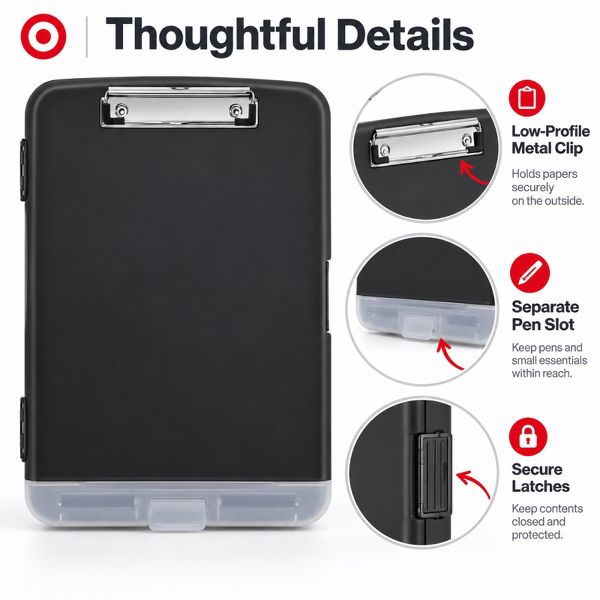 Storage Clipboard 8.5" x 11" with Document Compartment & Pen Slot, Black