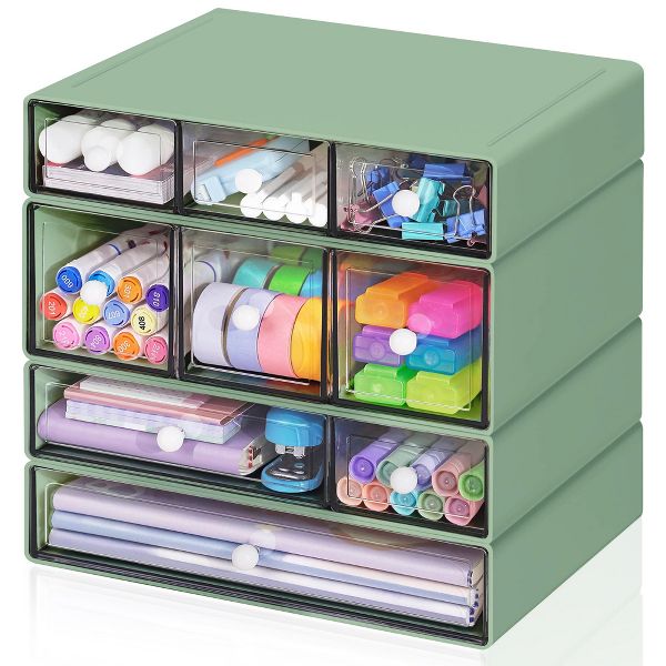 9-Drawer Desk Organizer, 4-Tier Plastic Storage Box with Clear Drawers, Stackable Desktop Storage Cabinet for Office Supplies, Makeup, Crafts