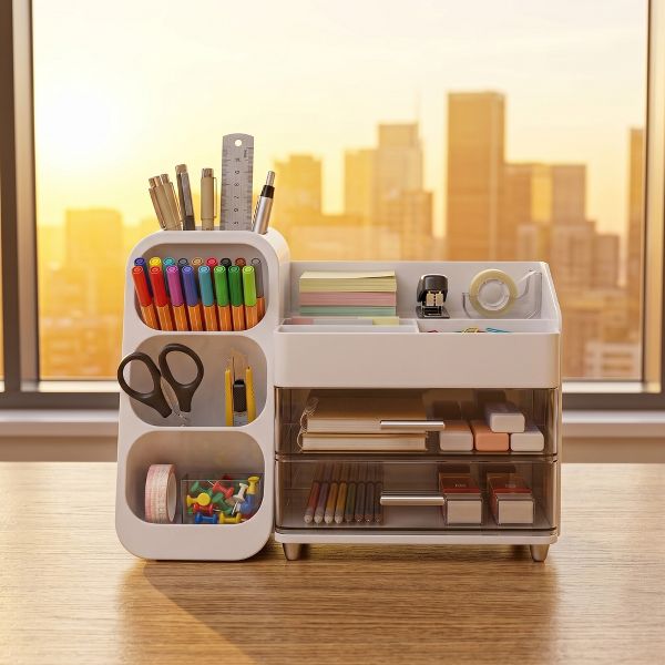 Large Capacity Desk Organizer with 2 Clear Drawers & Pen Holder, 35cm Black Desktop Storage Rack for Office, School & Home Supplies