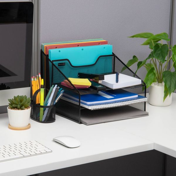 5 Compartment Mesh File Organizer Black - Mind Reader: Metal Desktop Shelving, Office Supplies, Desk File Organizer