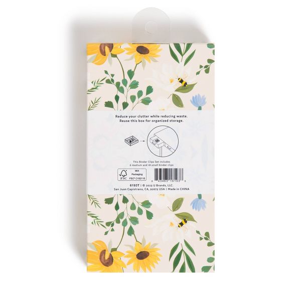 U Brands 24ct Binder Clips Vintage Sunflower: Steel Office Supplies, Small Multicolor Clips, Fasteners, 3.42" Width
