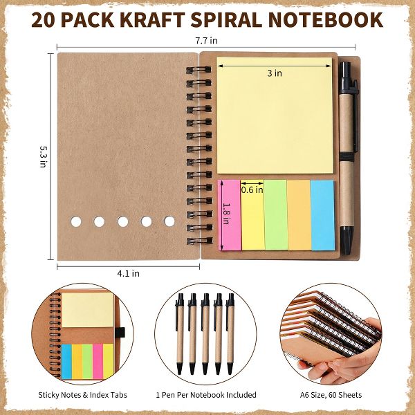 20 Pcs Spiral Notebooks with Sticky Notes & Pens, Kraft Cover Lined Journals with Colored Index Tabs for Office, School & Travel
