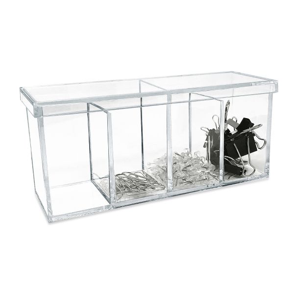 Isaac Jacobs 2-Pack 4-Compartment Clear Acrylic Organizers with Lid (9” L x 3” W x 4” H), Makeup Brush Holder, Sectional Tray (2, Clear)