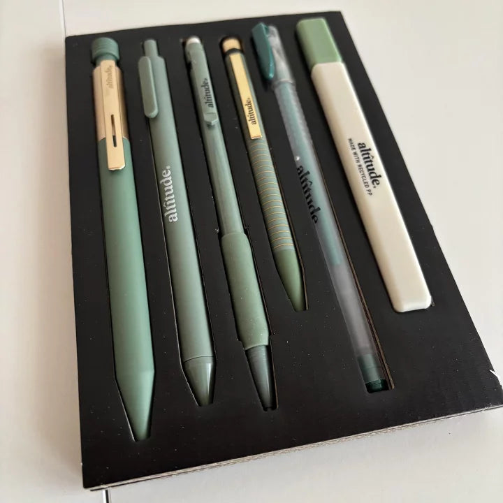 Altitude 6pk Essential Writing Kit with Pens, Mechanical Pencils, and Highlighter- Dark Sage