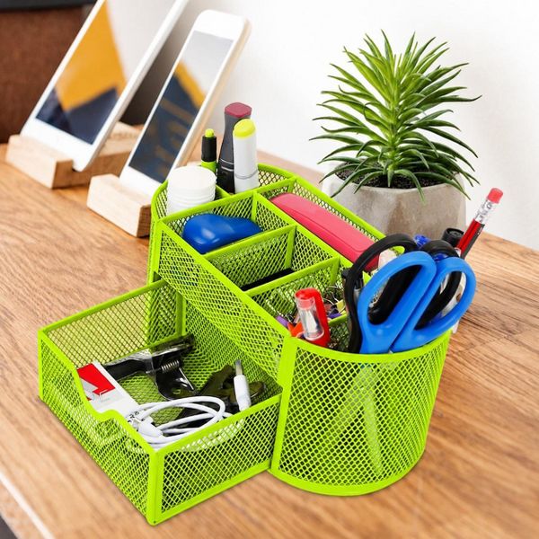 Metal Mesh Desk Organizer with Drawer, Multi-Compartment Office Supply Storage Caddy, Green