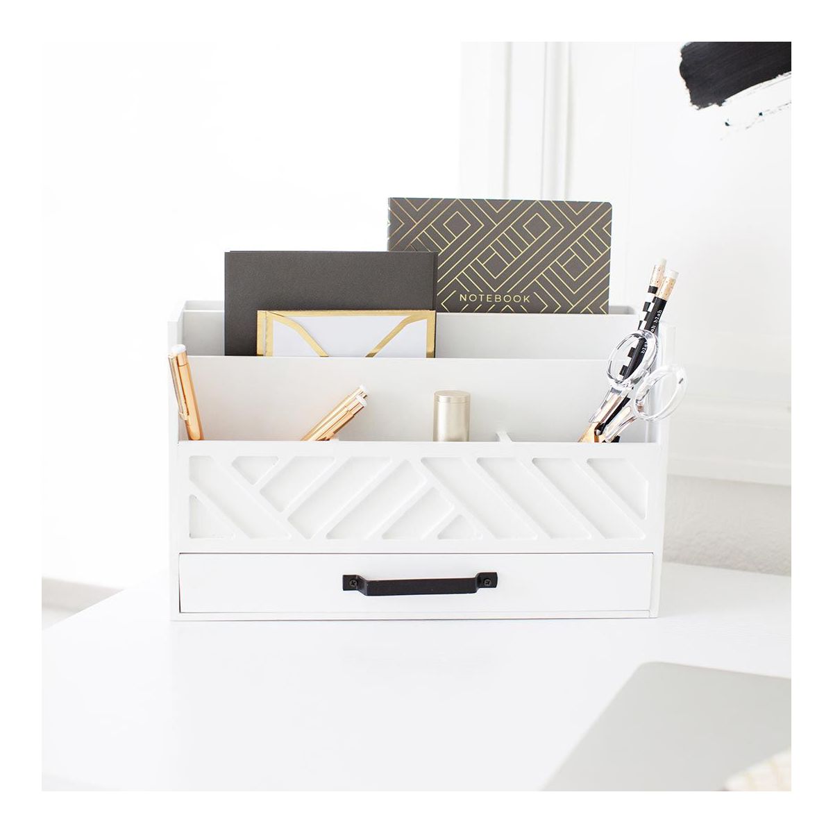 Blu Monaco Black Mail Organizer with Drawer and Gold Handle - Desktop Mail Holder and Office Supplies Storage