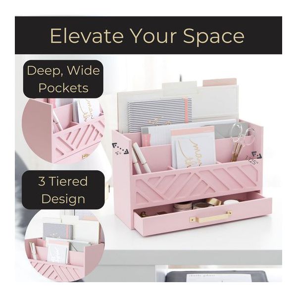 Blu Monaco Black Mail Organizer with Drawer and Gold Handle - Desktop Mail Holder and Office Supplies Storage