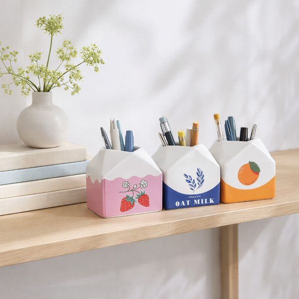 Ceramic Juice and Milk Carton Pencil Cups for Desk Organizer - Small Office Storage Destop Organizer for Workspace Decor - Set of 3, 4", Pink & Orange