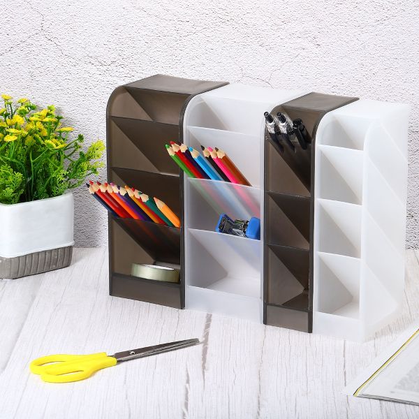 Unique Bargains Office Home Supplies 4 Compartments Desk Organizer Pen Holder 3 Pcs Clear Black