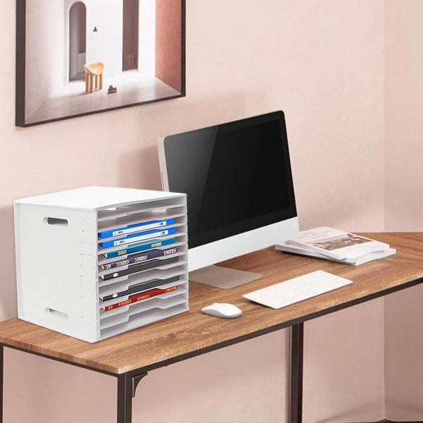 12-Tier Adjustable Paper Storage Rack, PVC Desktop File Organizer Shelf with Wooden Bookshelf Design, Durable Multi-Layer Document Holder for Office