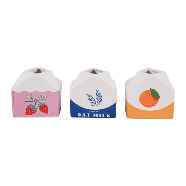 Ceramic Juice and Milk Carton Pencil Cups for Desk Organizer - Small Office Storage Destop Organizer for Workspace Decor - Set of 3, 4", Pink & Orange