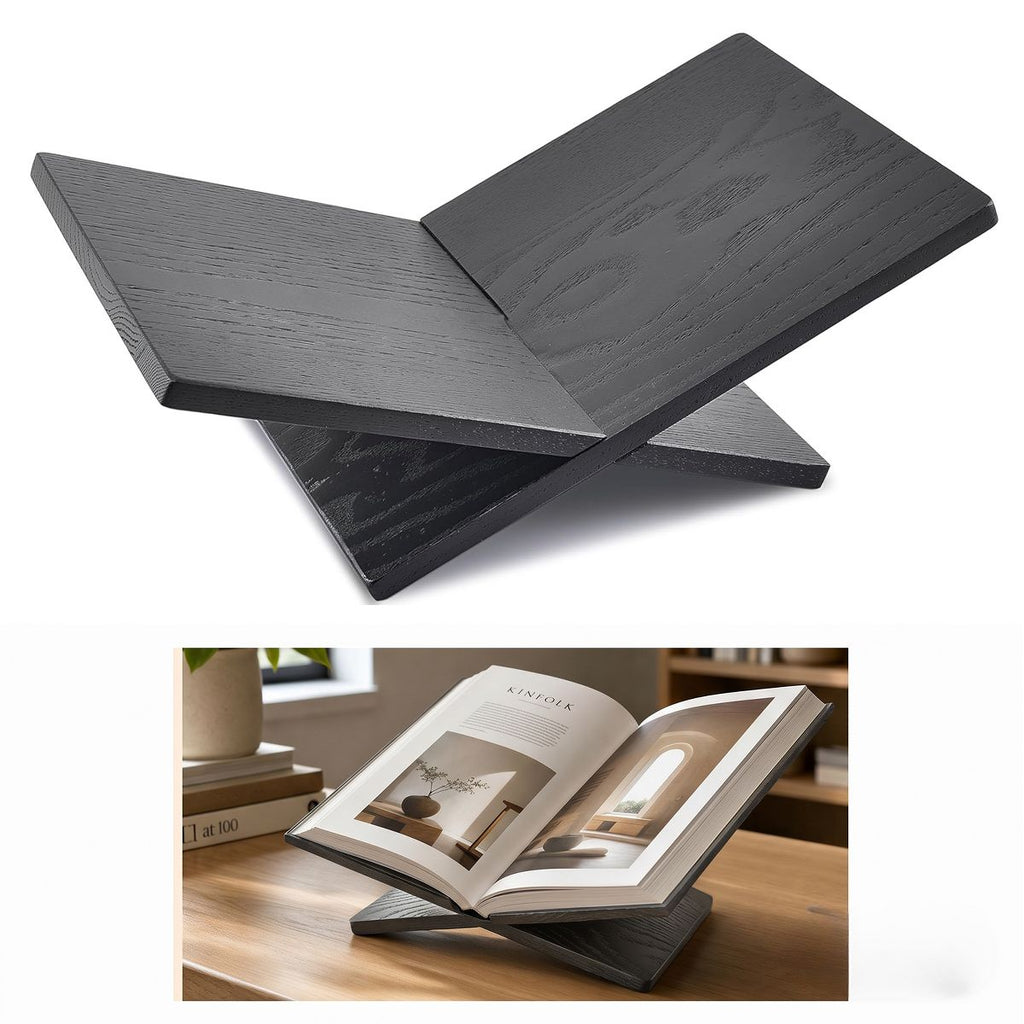 Minimalist Collapsible Wood Book Stand – Matte Black Adjustable Triangle Book Holder – Ergonomic Hands-Free Stand for Desk and Reading