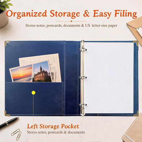 2 Pack Blue Vintage PU Smooth Texture, 3-Hole Ring Binder , Durable Retro Elegant Professional Office School Business Three-Ring Binder