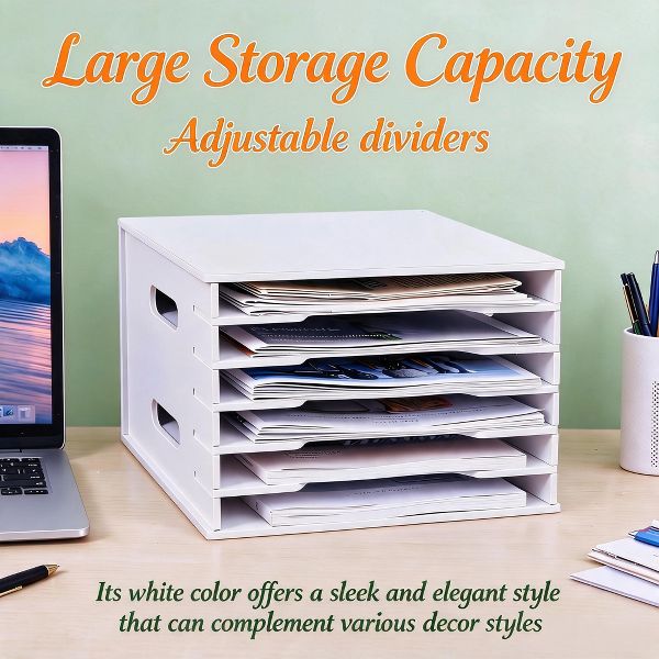12-Tier Adjustable Paper Storage Rack, PVC Desktop File Organizer Shelf with Wooden Bookshelf Design, Durable Multi-Layer Document Holder for Office