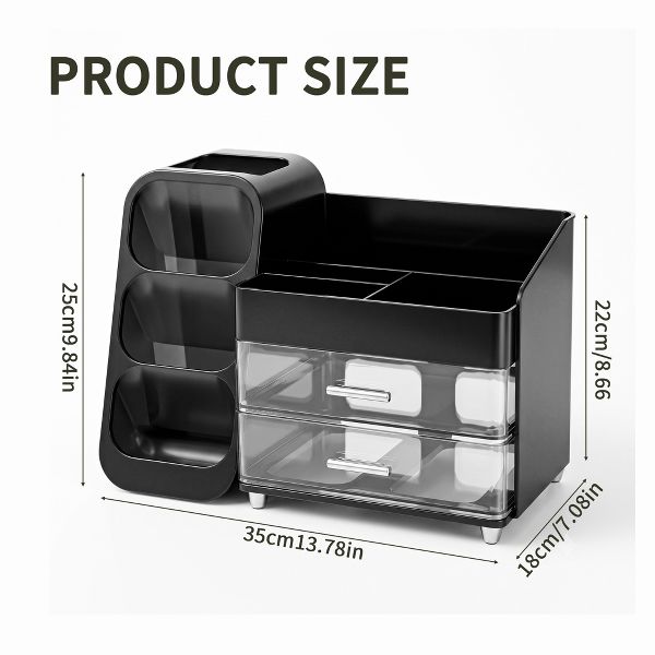 Large Capacity Desk Organizer with 2 Clear Drawers & Pen Holder, 35cm Black Desktop Storage Rack for Office, School & Home Supplies