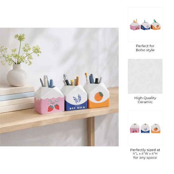 Ceramic Juice and Milk Carton Pencil Cups for Desk Organizer - Small Office Storage Destop Organizer for Workspace Decor - Set of 3, 4", Pink & Orange