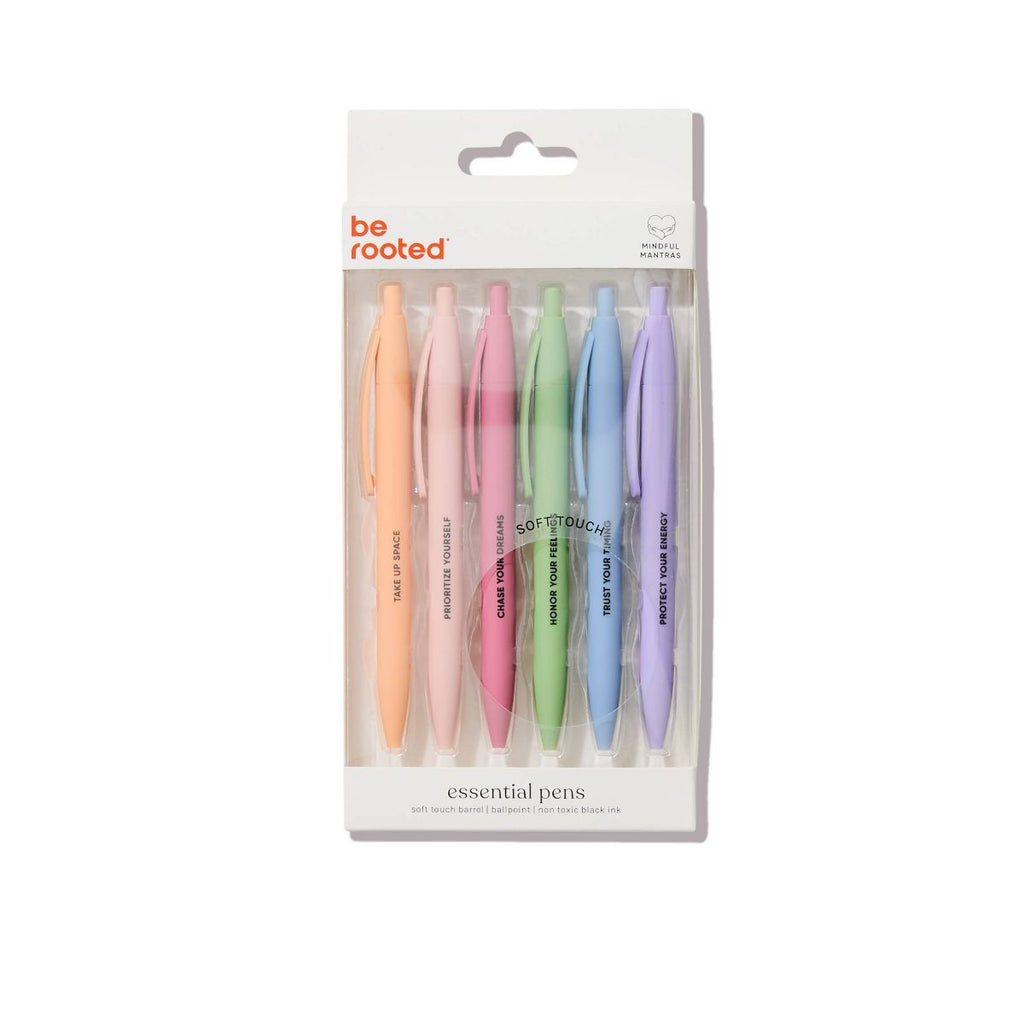 Be Rooted 6pk Ballpoint Pen Black Ink Soft Touch Affirmation Sayings: Art Stationery, 1.0mm Point, Office Supplies