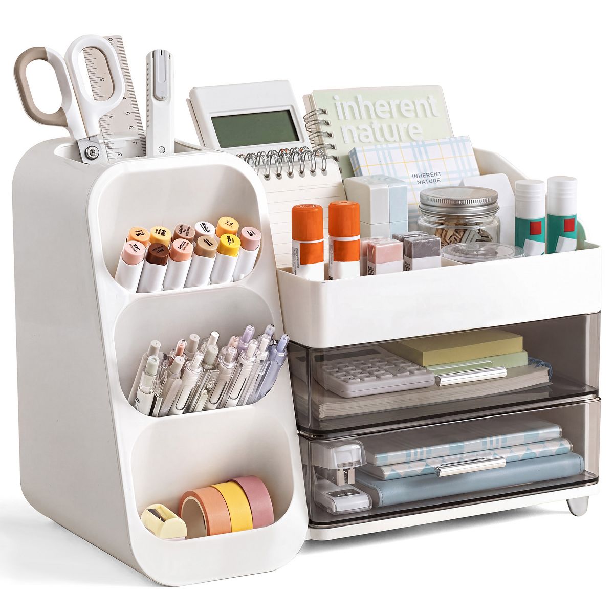 Desktop Organizer with Pen Holder, Multi-Grid Stationary Storage Caddy with 2 Clear Drawers for Office Supplies & Makeup