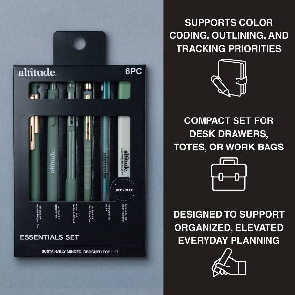 Altitude 6pk Essential Writing Kit with Pens, Mechanical Pencils, and Highlighter- Dark Sage