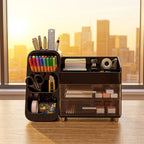 Large Capacity Desk Organizer with 2 Clear Drawers & Pen Holder, 35cm Black Desktop Storage Rack for Office, School & Home Supplies