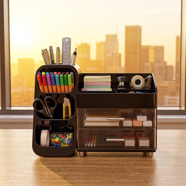 Large Capacity Desk Organizer with 2 Clear Drawers & Pen Holder, 35cm Black Desktop Storage Rack for Office, School & Home Supplies