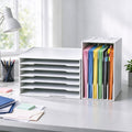 6 Layers Paper Storage Rack, PVC Desktop File Organizer Shelf with Wooden Bookshelf Design, Durable Multi-Layer Document Holder for Office 2 Pack