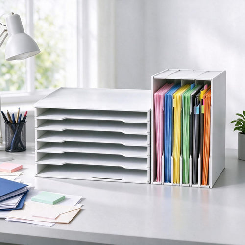 6 Layers Paper Storage Rack, PVC Desktop File Organizer Shelf with Wooden Bookshelf Design, Durable Multi-Layer Document Holder for Office 2 Pack