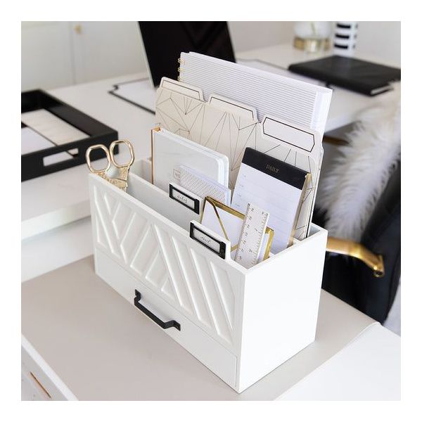 Blu Monaco Grey Desktop Mail Organizer – Three-Tiered with Gold Label Holders and Drawer