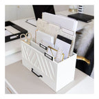 Blu Monaco Grey Desktop Mail Organizer – Three-Tiered with Gold Label Holders and Drawer