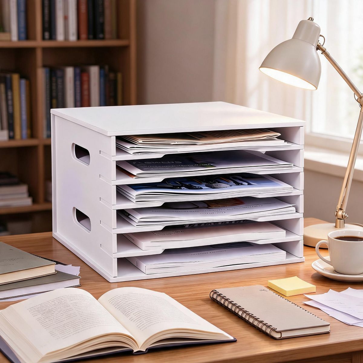 12-Tier Adjustable Paper Storage Rack, PVC Desktop File Organizer Shelf with Wooden Bookshelf Design, Durable Multi-Layer Document Holder for Office