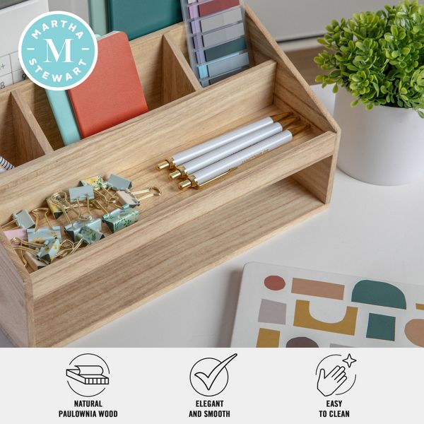 Martha Stewart Weston Wooden Desktop Organizer with Open Lower Storage Compartment, Engineered Wood Multipurpose Storage Caddy, White
