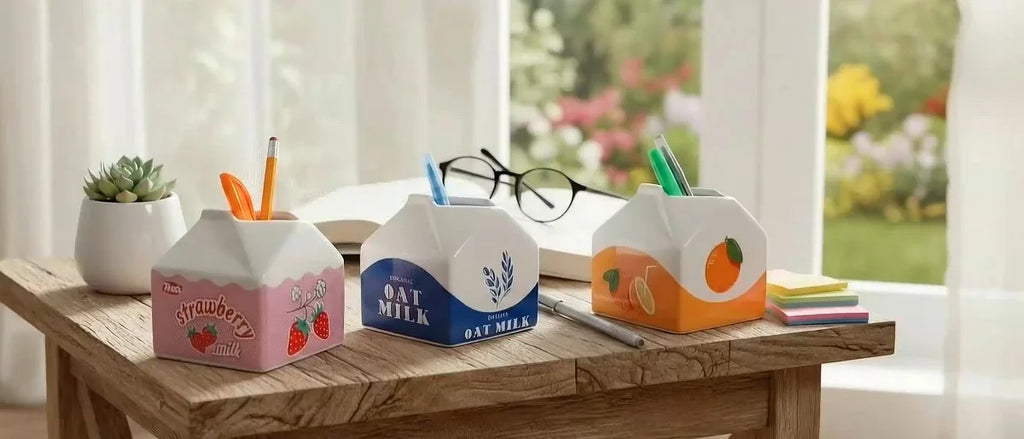Ceramic Juice and Milk Carton Pencil Cups for Desk Organizer - Small Office Storage Destop Organizer for Workspace Decor - Set of 3, 4", Pink & Orange