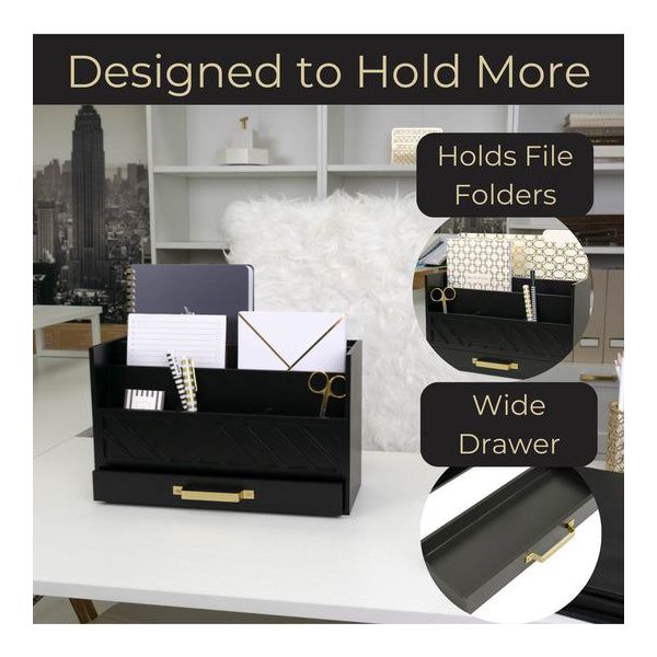 Blu Monaco Black Mail Organizer with Drawer and Gold Handle - Desktop Mail Holder and Office Supplies Storage