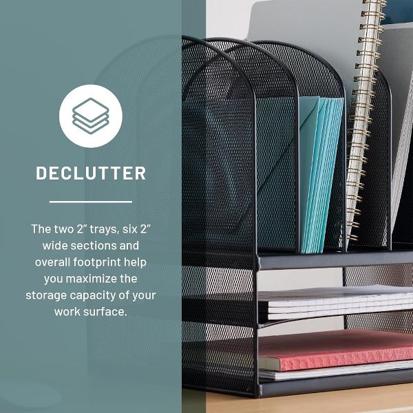 Safco Onyx Desk Organizer w/ 6 Vertical Compartments and 2 Storage Trays, Black