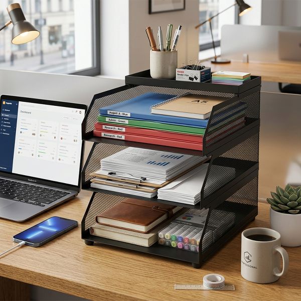 Stackable Mesh Desk Organizer -Metal Document Tray with Top Shelf - Slanted Letter & Folder Holder -for Office or School Desktop Storage，3 layers
