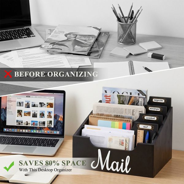 Wooden Mail Organizer Desktop Sorter, Multi-Compartment Countertop Mail Holder with Label Tags, Tabletop Letter Magazine Notebook Stationery Storage