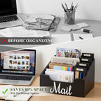 Wooden Mail Organizer Desktop Sorter, Multi-Compartment Countertop Mail Holder with Label Tags, Tabletop Letter Magazine Notebook Stationery Storage