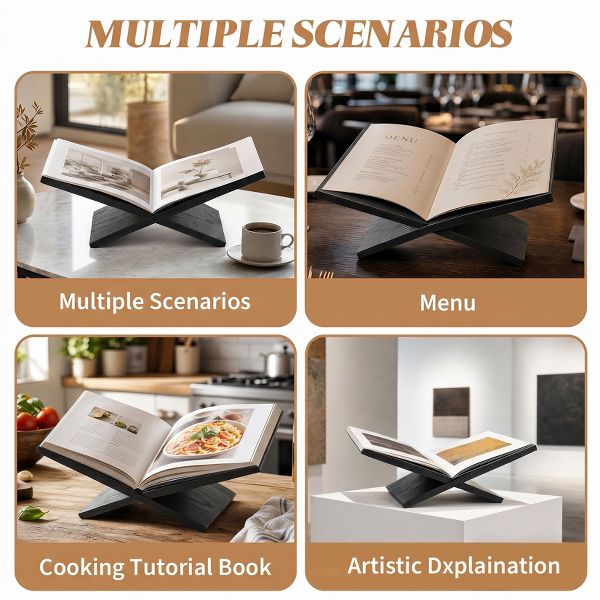 Minimalist Collapsible Wood Book Stand – Matte Black Adjustable Triangle Book Holder – Ergonomic Hands-Free Stand for Desk and Reading