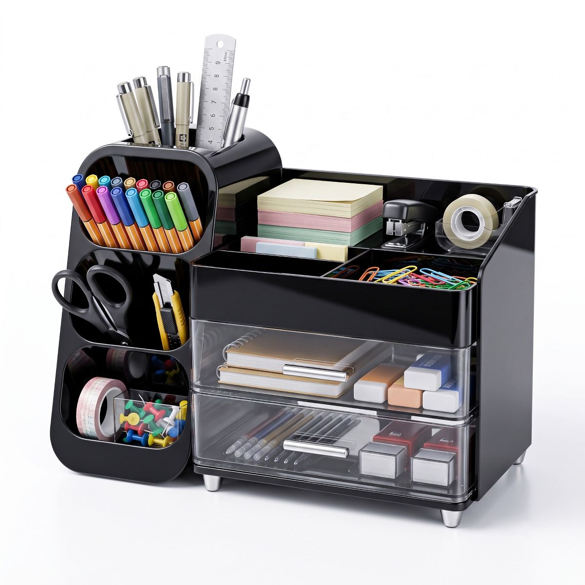 Large Capacity Desk Organizer with 2 Clear Drawers & Pen Holder, 35cm Black Desktop Storage Rack for Office, School & Home Supplies