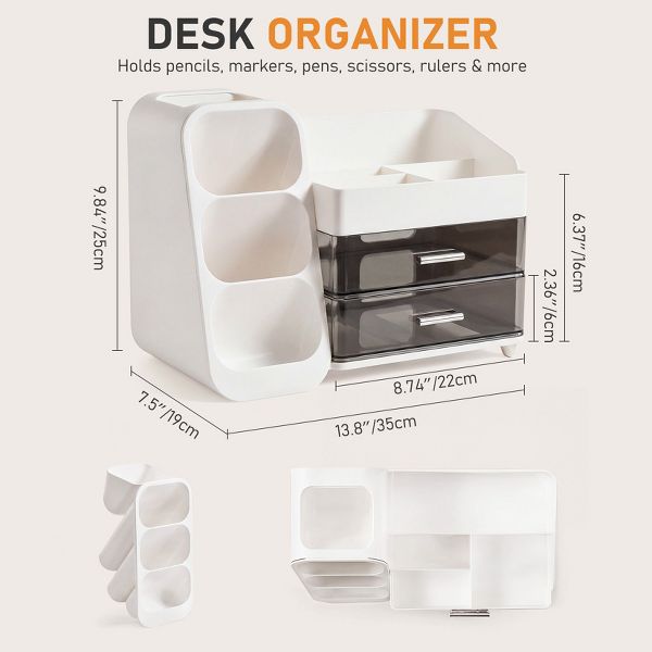 Desktop Organizer with Pen Holder, Multi-Grid Stationary Storage Caddy with 2 Clear Drawers for Office Supplies & Makeup