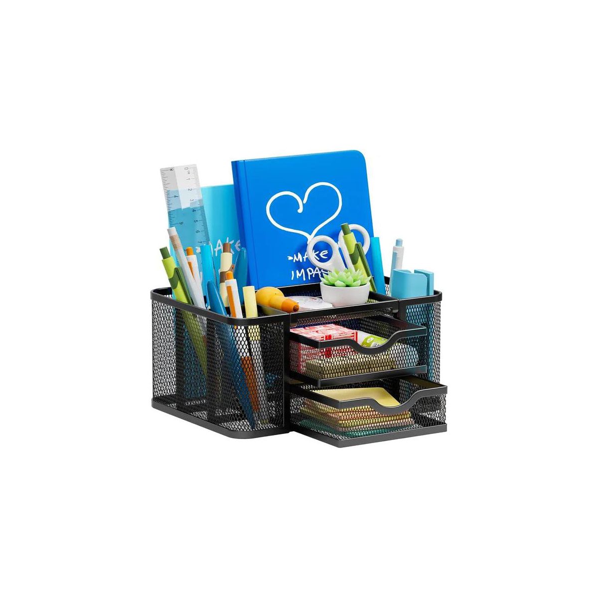 Aeelleea Mesh Desk Organizer, 7.67×5.51×3.93 Inch Desktop Caddy with 2 Drawers & 5 Compartments, Black Metal Pencil Holder for Office Art Supplies